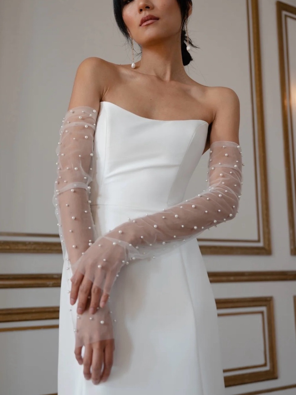 NWOT Jenny by Jenny Yoo Allison Pearl Tulle Fingerless Bridal Sleeves Ivory Sz 4